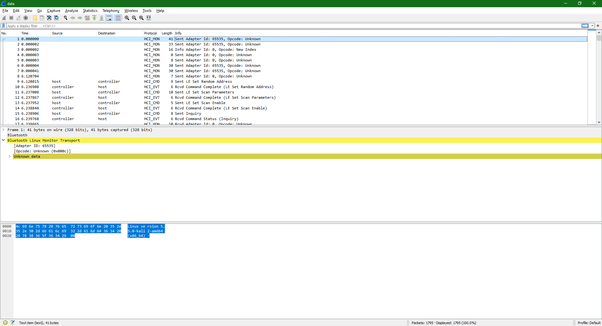 View of the log in Wireshark