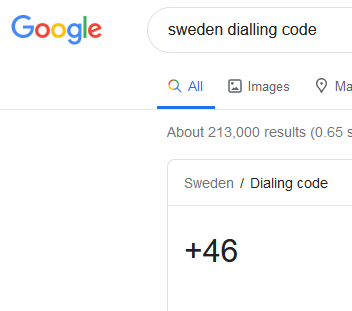 Sweden dialing code